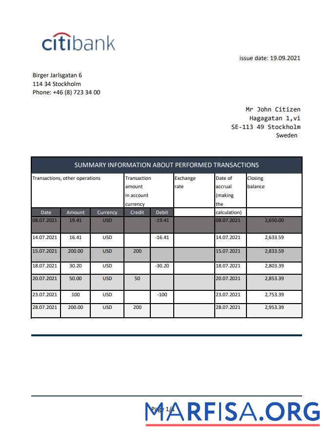 Printable Sweden Citibank bank statement excel example
